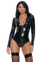 Adult Vinyl Plunge Women Bodysuit Black 